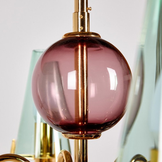 Image 1 of Lustre vintage en verre et laiton, Italie 1980