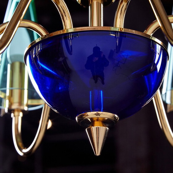 Image 1 of Lustre vintage en verre et laiton, Italie 1980