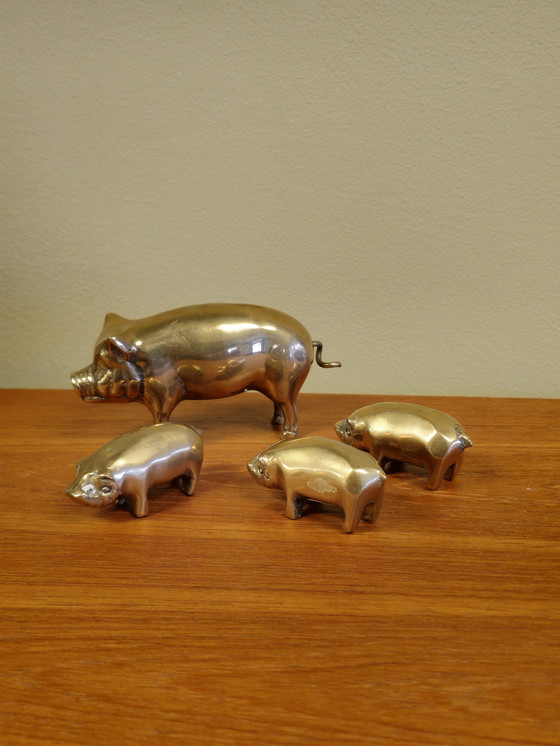 Image 1 of Vintage Brass Family Big Pig Piglet Boar