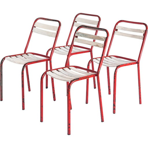 Ensemble de 4 chaises vintage en fer et bois, France 1950