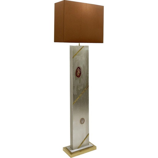 Lampadaire vintage en chrome brossé, laiton et agate, années 1980