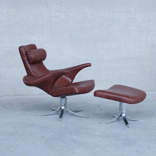 Fauteuil en cuir danois du milieu du siècle avec ottoman par Gösta Berg pour Fritz Hansen, années 1960