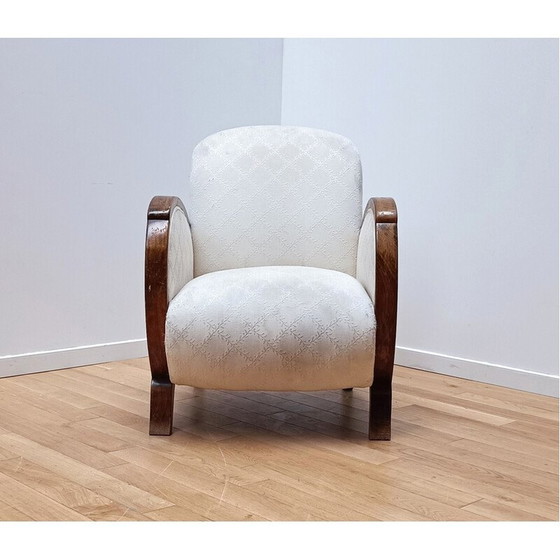 Image 1 of Fauteuil vintage en bois foncé et coton blanc cassé, 1930