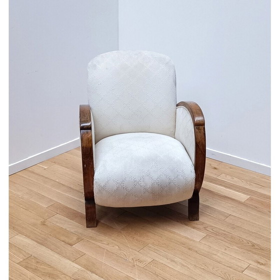 Image 1 of Fauteuil vintage en bois foncé et coton blanc cassé, 1930