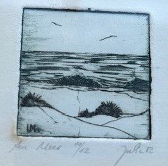 Image 1 of 2 petites gravures dans un cadre bleu