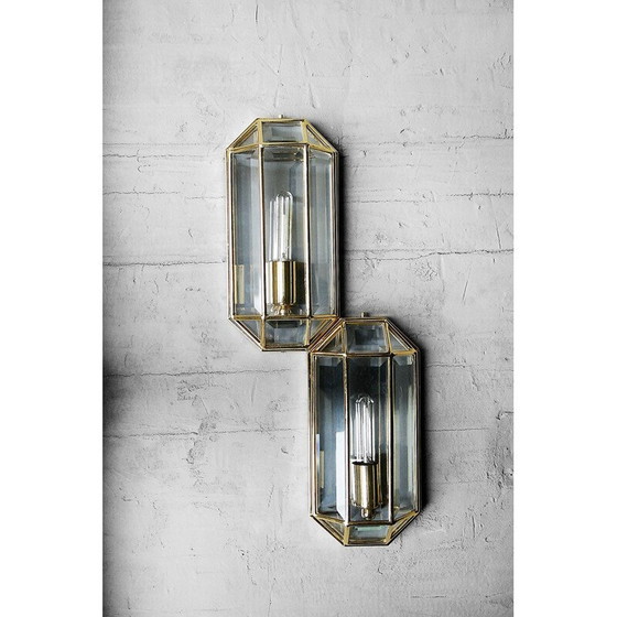 Image 1 of Paire d'appliques géométriques en verre et laiton, Italie 1970