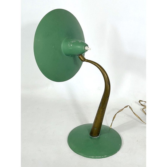 Image 1 of Lampe de table italienne du milieu du siècle en laiton et laque verte, années 1950
