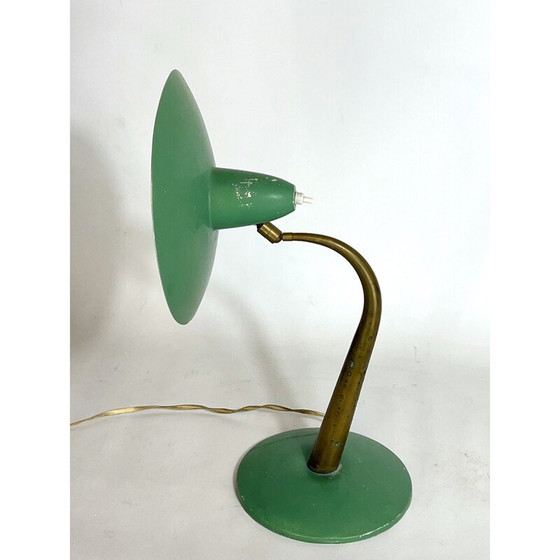 Image 1 of Lampe de table italienne du milieu du siècle en laiton et laque verte, années 1950