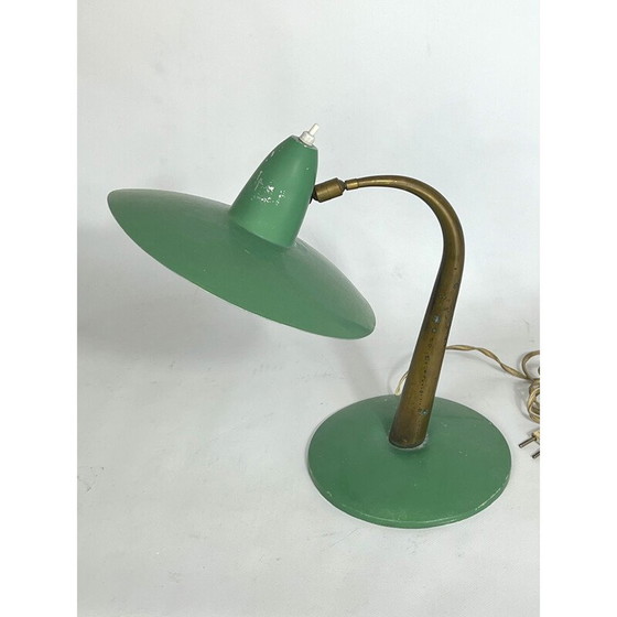 Image 1 of Lampe de table italienne du milieu du siècle en laiton et laque verte, années 1950