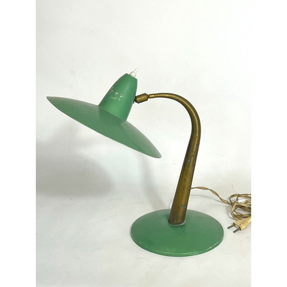 Image 1 of Lampe de table italienne du milieu du siècle en laiton et laque verte, années 1950