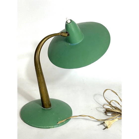 Image 1 of Lampe de table italienne du milieu du siècle en laiton et laque verte, années 1950