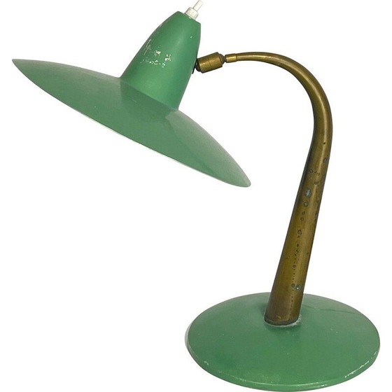 Image 1 of Lampe de table italienne du milieu du siècle en laiton et laque verte, années 1950
