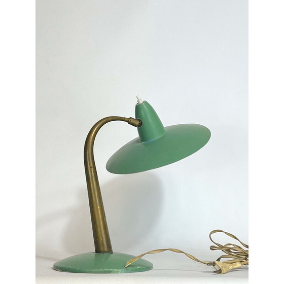 Image 1 of Lampe de table italienne du milieu du siècle en laiton et laque verte, années 1950