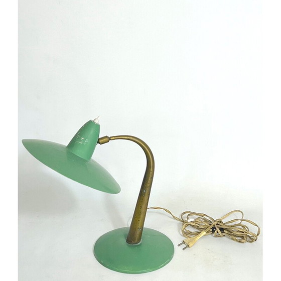 Image 1 of Lampe de table italienne du milieu du siècle en laiton et laque verte, années 1950