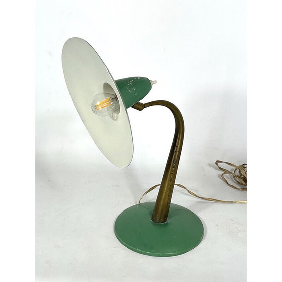 Image 1 of Lampe de table italienne du milieu du siècle en laiton et laque verte, années 1950