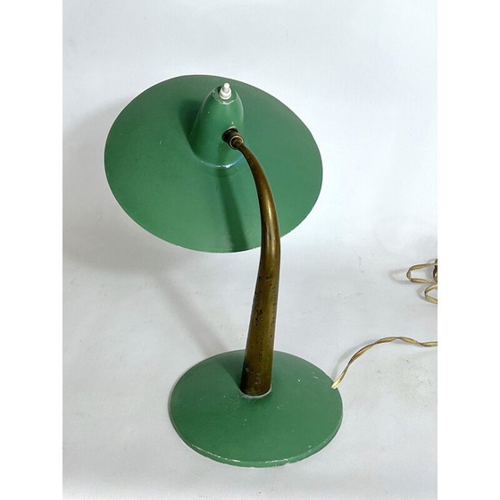 Image 1 of Lampe de table italienne du milieu du siècle en laiton et laque verte, années 1950