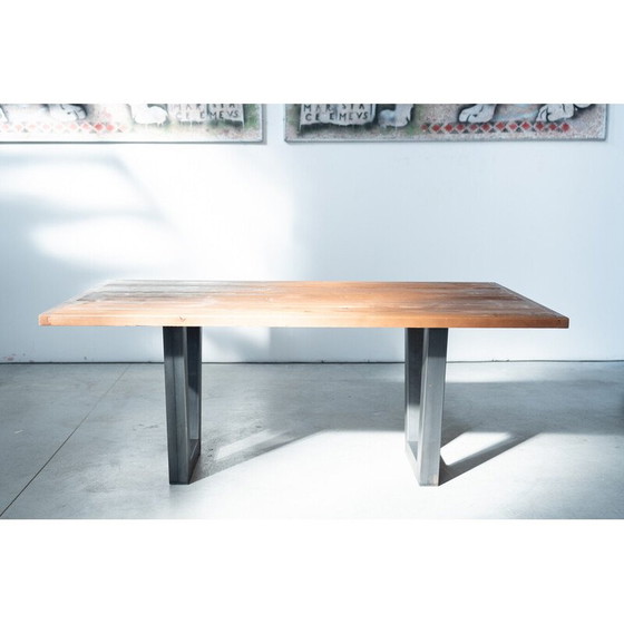 Image 1 of Table de salle à manger vintage fabriquée à la main avec plateau en sapin brossé, 2020