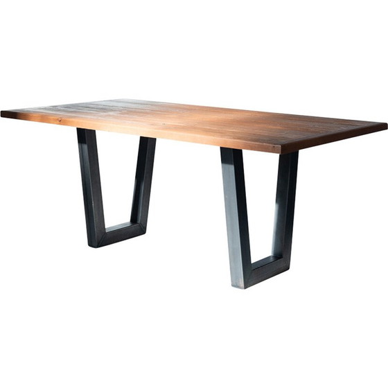 Image 1 of Table de salle à manger vintage fabriquée à la main avec plateau en sapin brossé, 2020