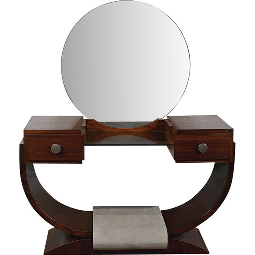 Coiffeuse Vintage Art Deco en bois de rose et métal chromé avec miroir