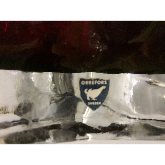 Image 1 of Lampe de table triangulaire vintage en verre rouge et transparent par Carl Fagerlund pour Orrefors, 1960