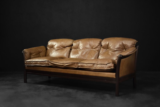 Image 1 of Canapé 3 places en cuir cognac vintage Mid Century Danish Modern, 1960S
