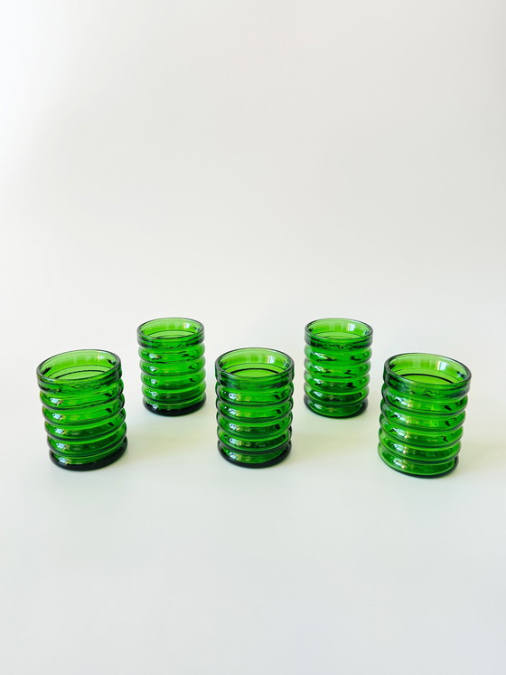 Image 1 of Verres Vintage Et Carafe Set, 6-Pièces, Vert Service à boire En Verre, Bubble-Glass