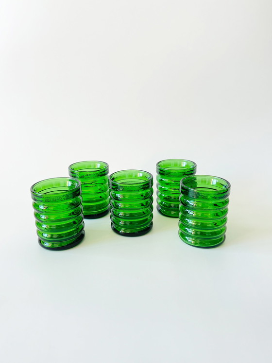 Image 1 of Verres Vintage Et Carafe Set, 6-Pièces, Vert Service à boire En Verre, Bubble-Glass