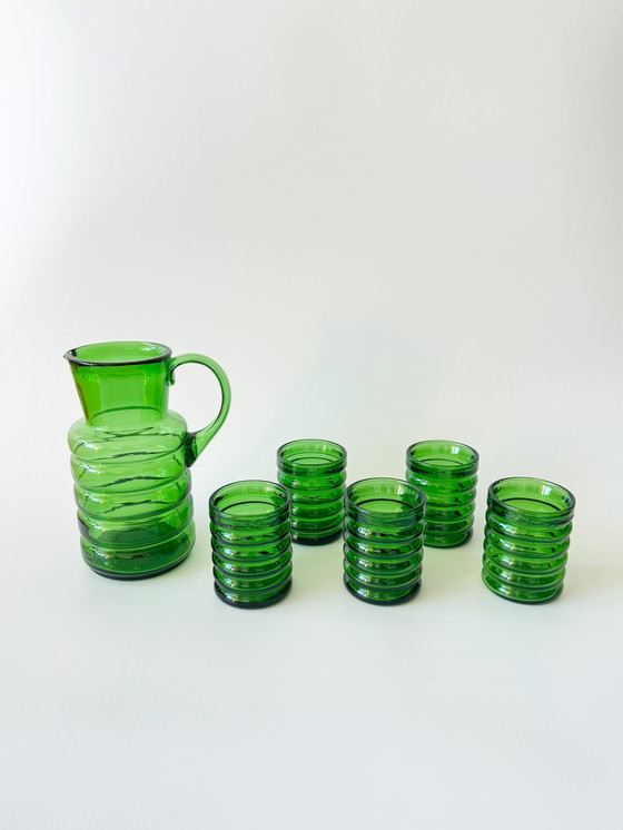 Image 1 of Verres Vintage Et Carafe Set, 6-Pièces, Vert Service à boire En Verre, Bubble-Glass