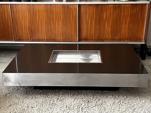 Table Basse en Bois, Mélaminé et Inox, Design Italien 1970