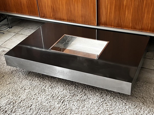 Table Basse en Bois, Mélaminé et Inox, Design Italien 1970