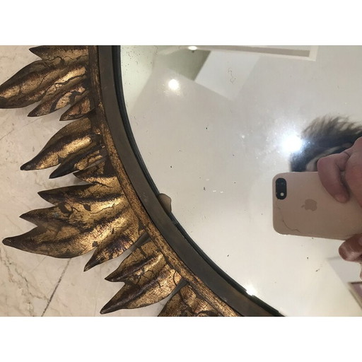 Miroir solaire vintage décoré de feuilles en métal doré, 1950