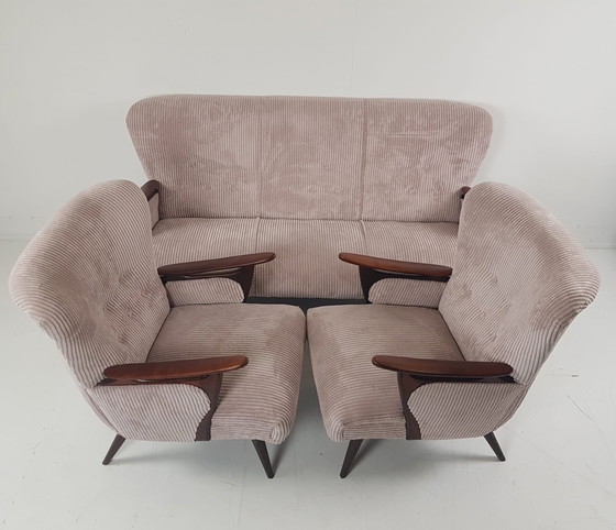 Image 1 of Fauteuils Vintage + Canapé | Ensemble canapé tissu côtelé rose Nouveau Teck