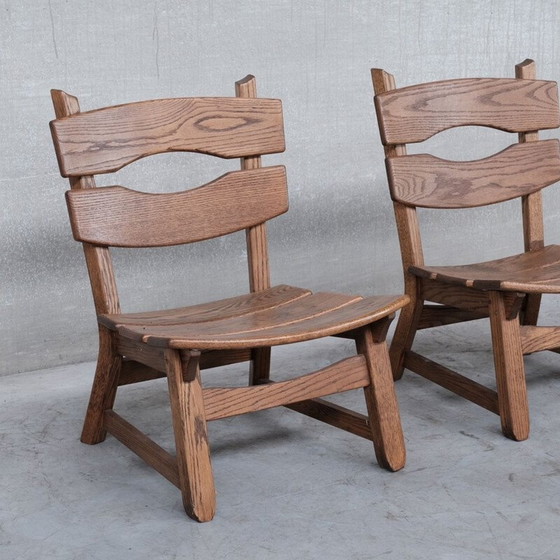 Image 1 of Ensemble de 7 chaises basses en bois Brutalist du milieu du siècle, Belgique 1970