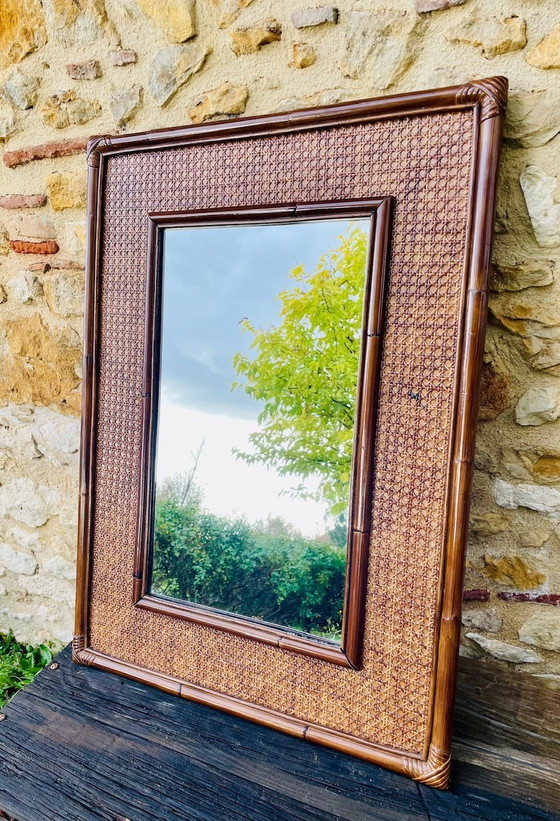 Image 1 of Grand miroir vintage en bambou et rotin, années 1960