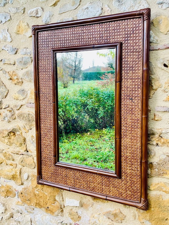 Image 1 of Grand miroir vintage en bambou et rotin, années 1960