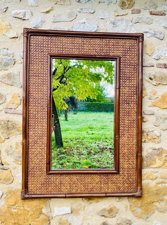 Image 1 of Grand miroir vintage en bambou et rotin, années 1960