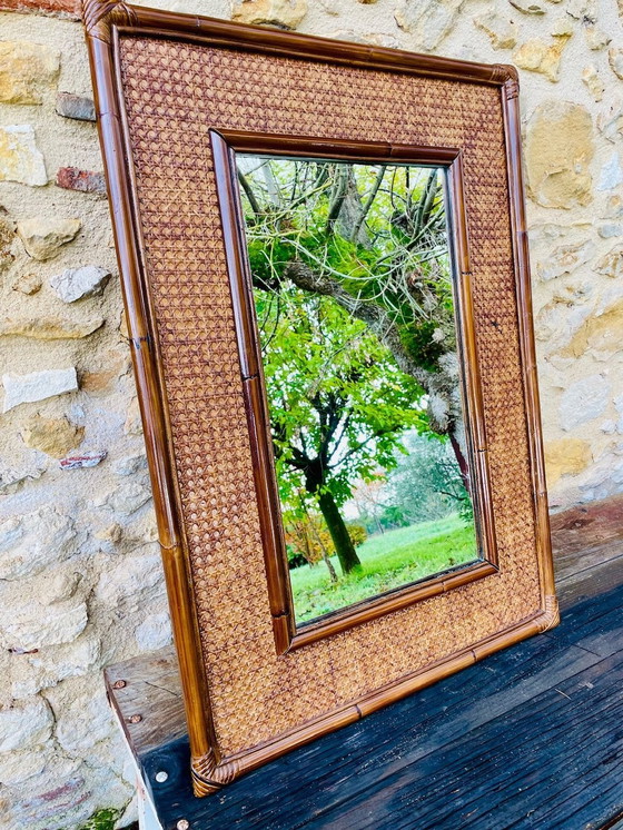 Image 1 of Grand miroir vintage en bambou et rotin, années 1960