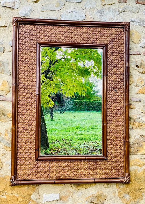 Image 1 of Grand miroir vintage en bambou et rotin, années 1960
