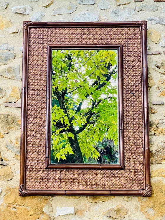 Image 1 of Grand miroir vintage en bambou et rotin, années 1960