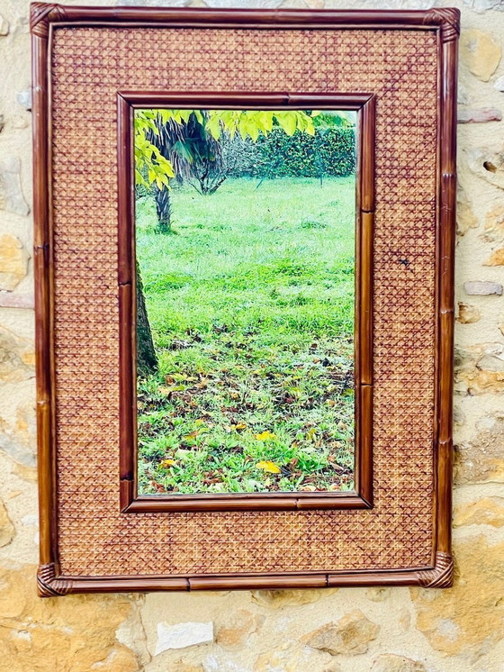 Image 1 of Grand miroir vintage en bambou et rotin, années 1960
