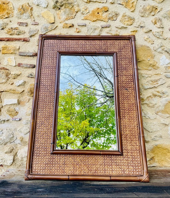 Image 1 of Grand miroir vintage en bambou et rotin, années 1960
