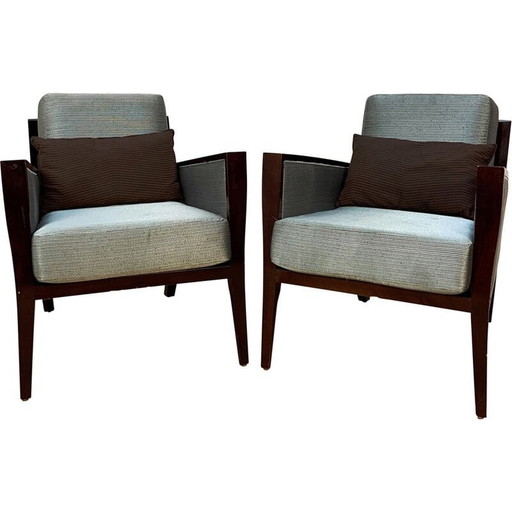 Fauteuil vintage en bois foncé et tissu