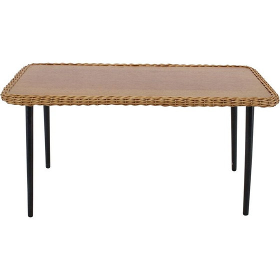 Image 1 of Table basse vintage avec bord en rotin, France 1970