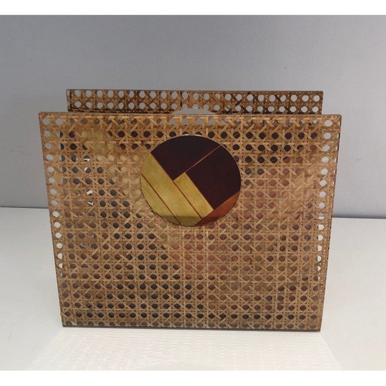Image 1 of Porte-revues vintage "sac à main" en plexiglas, laiton et canne, France 1970