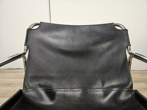 Image 1 of Fauteuil Attico d'Antonello Mosca en cuir noir et acier tubulaire