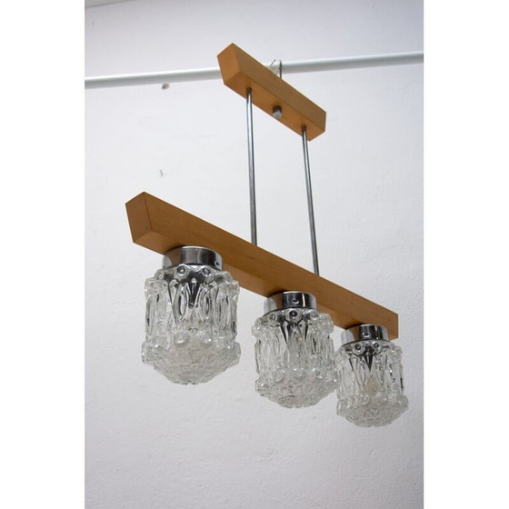 Image 1 of Lustre vintage en bois et en verre avec un bloc oriental brutalisme, Tchécoslovaquie 1970