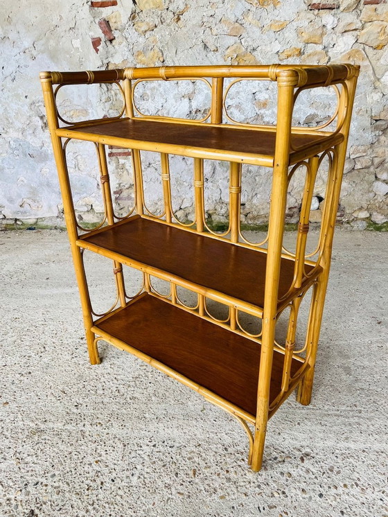 Image 1 of Mid Century, Vintage, étagère à 3 niveaux en bambou et rotin, années 1960