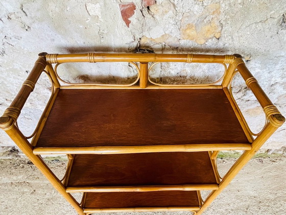 Image 1 of Mid Century, Vintage, étagère à 3 niveaux en bambou et rotin, années 1960