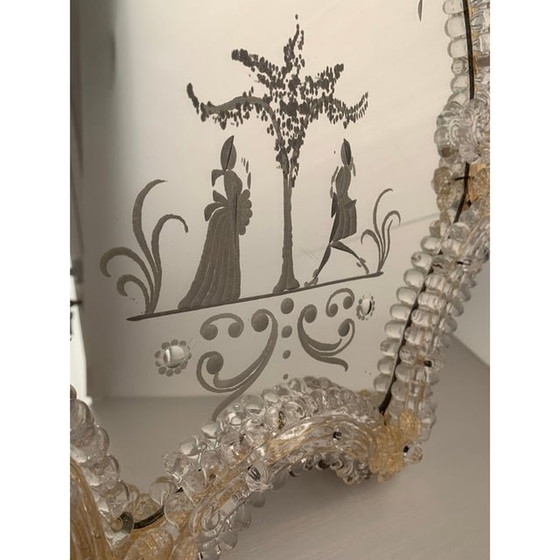 Image 1 of Miroir contemporain fait main en verre de Murano transparent et doré avec fleurs