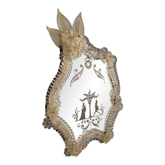 Image 1 of Miroir contemporain fait main en verre de Murano transparent et doré avec fleurs